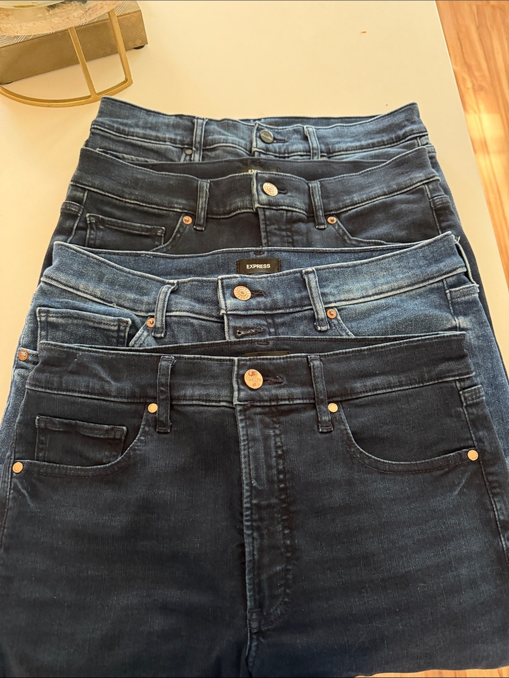 Express High-Rise skinny Jeans Stack — Multiple Blue Washes